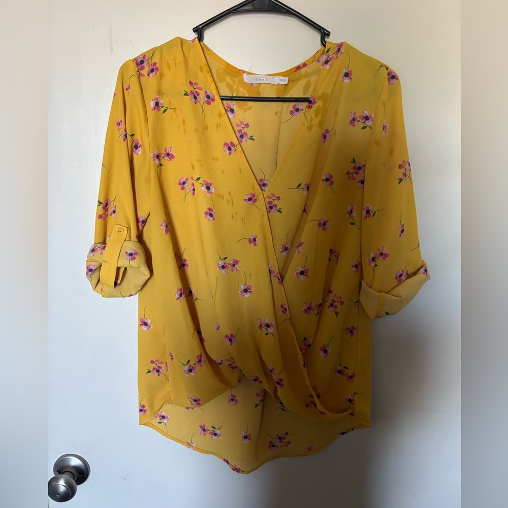 Lush Yellow Flutter Sleeve Wrap Blouse